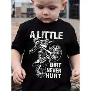 Boys' "A Little Dirt Never Hurt" Motorcycle Rider Graphic T-Shirt - Casual Cotton Crew Neck Short Sleeve, Perfect for Outdoor Activities, Comfortable Fit for Youngsters Under 12