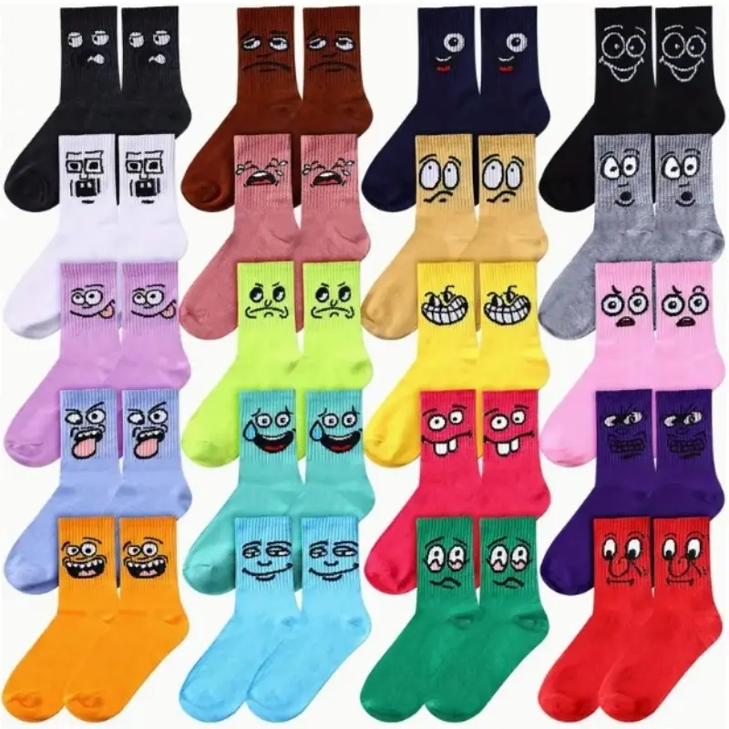 Men's Embroidered Cartoon Crew Socks (5-Pair Mix) - Nylon Mid-Calf Sports Socks, Funky Playful Colorful Expressions, Machine Washable, Casual Daily Menswear, India White, Embroidery, Funky Socks