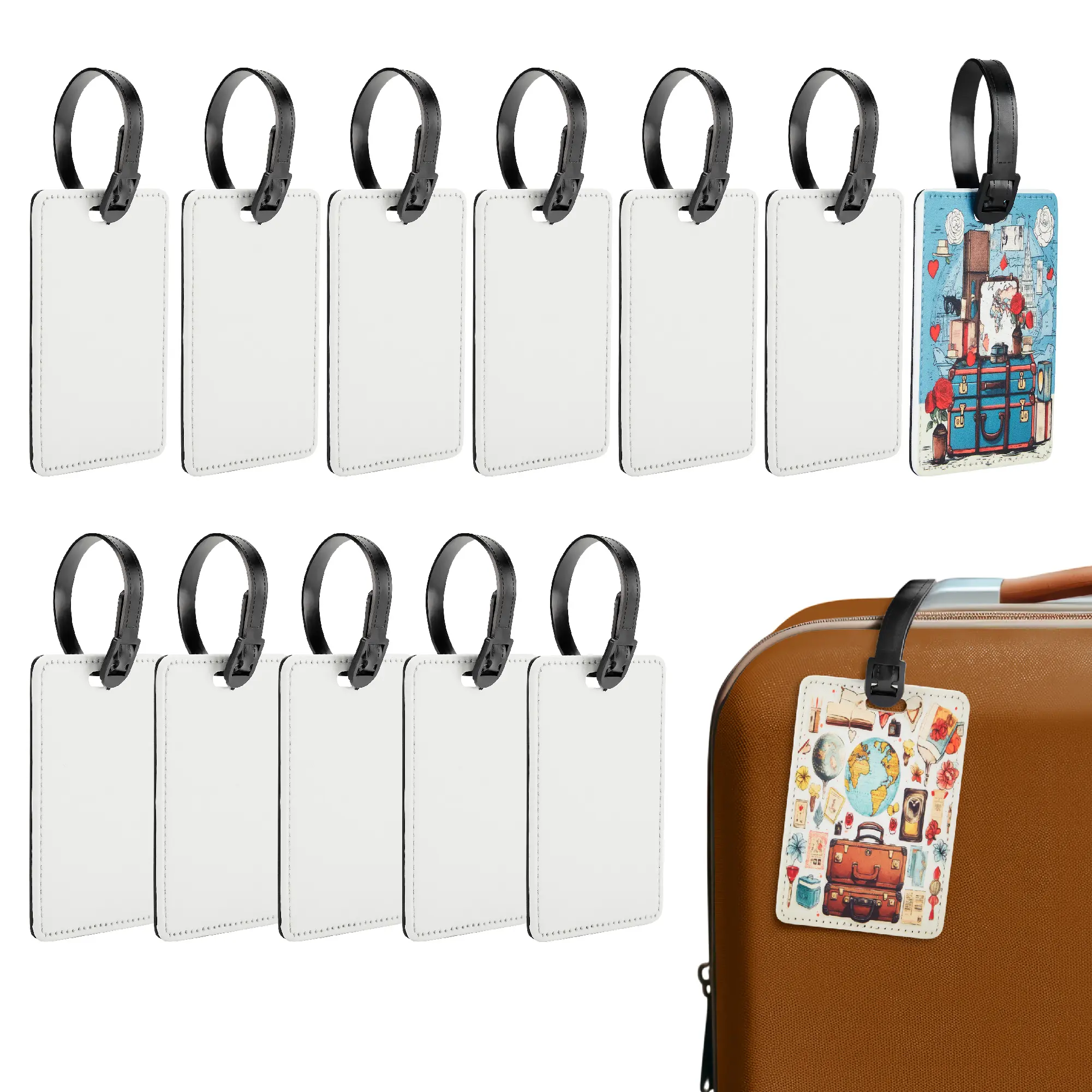 Makerflo Sublimation Luggage Tags Bulk PU Leather Name Tag Blank Suitcase Tags Heat Transfer Bag Tags Business ID Card Holder Travel ID Tags for DIY Gifts & Personalization