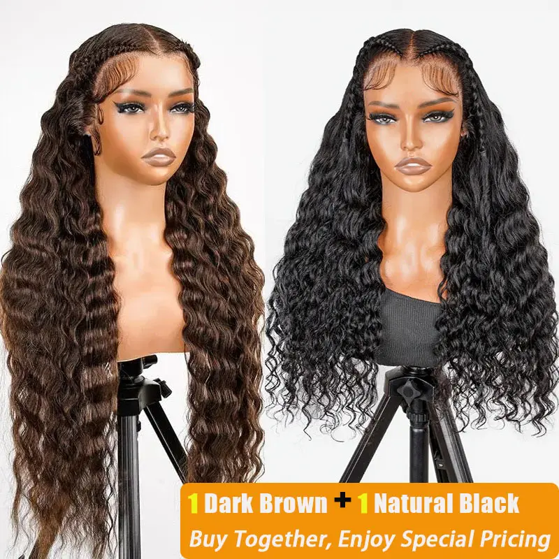 [Live Special offer] [Buy TWO Wig] Wiggins Hair Pre Glueless Braided Loose Deep Wave Wig 13x6 Lace Frontal Wigs Human Hair & Pre Braided #4 Dark Brown Deep Wave Wig 13*4 Lace Front Wigs Human Hair Ready To Go