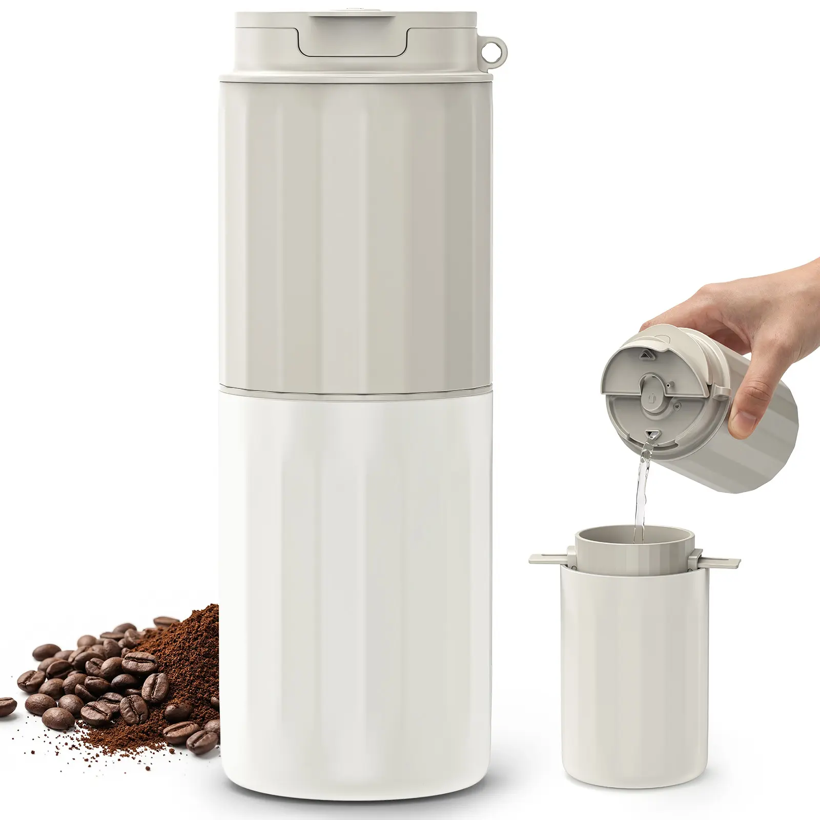 5-in-1 Portable Espresso Machine, Multifunctional Travel Coffee Maker with Grinder & Filter, USB Type-C Rechargeable, 5 Adjustable Grind Settings, Stainless Steel Insulated Cup for Keep Warm & Share