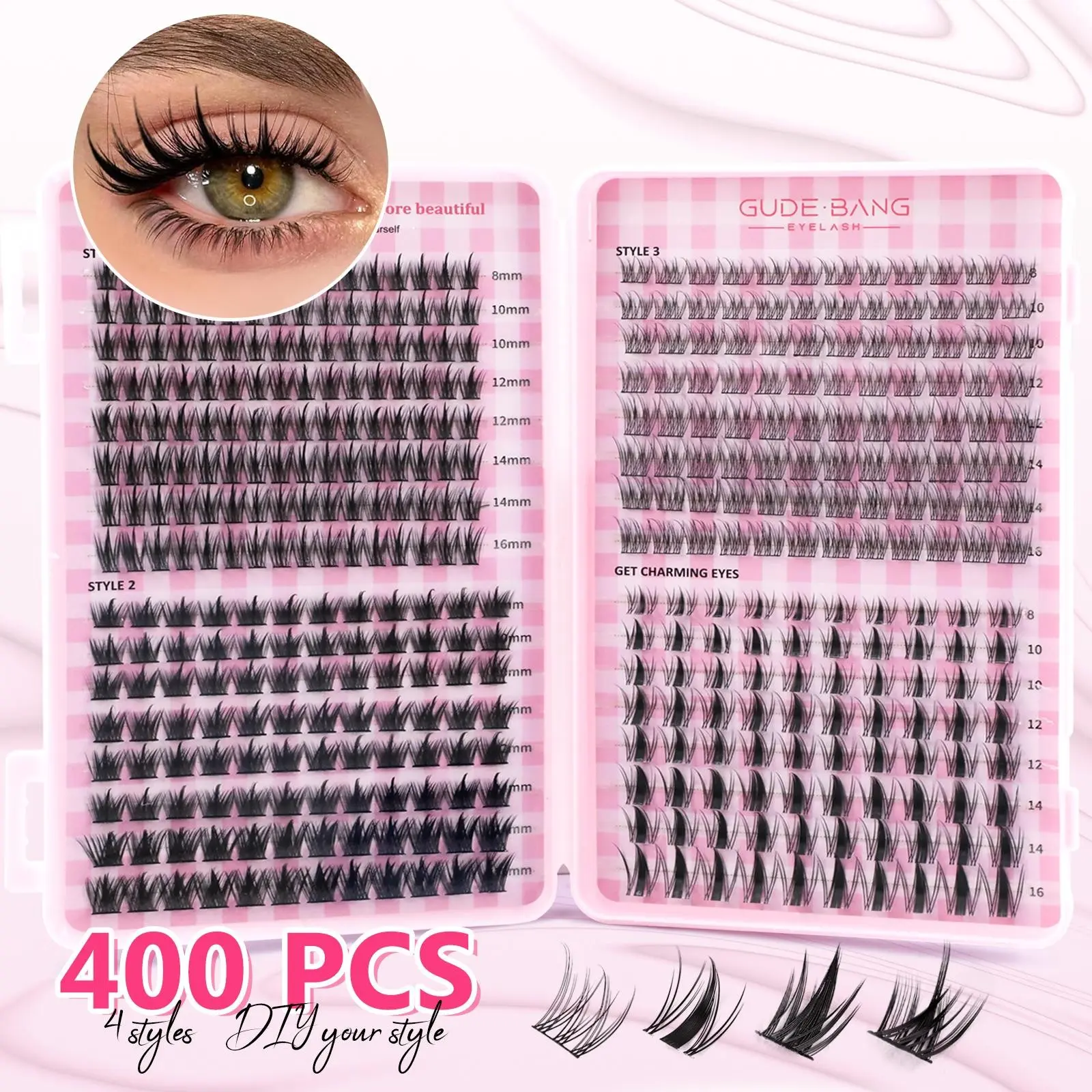 400 pcs Eyelash Extension Kit with Glue, Tweezers and Remover Cream, CC Curl Mixed 8–16 mm Eyelash Clusters, Large-Capacity Home DIY Beginner-Friendly Makeup Eyelash Extensions Cosmetic