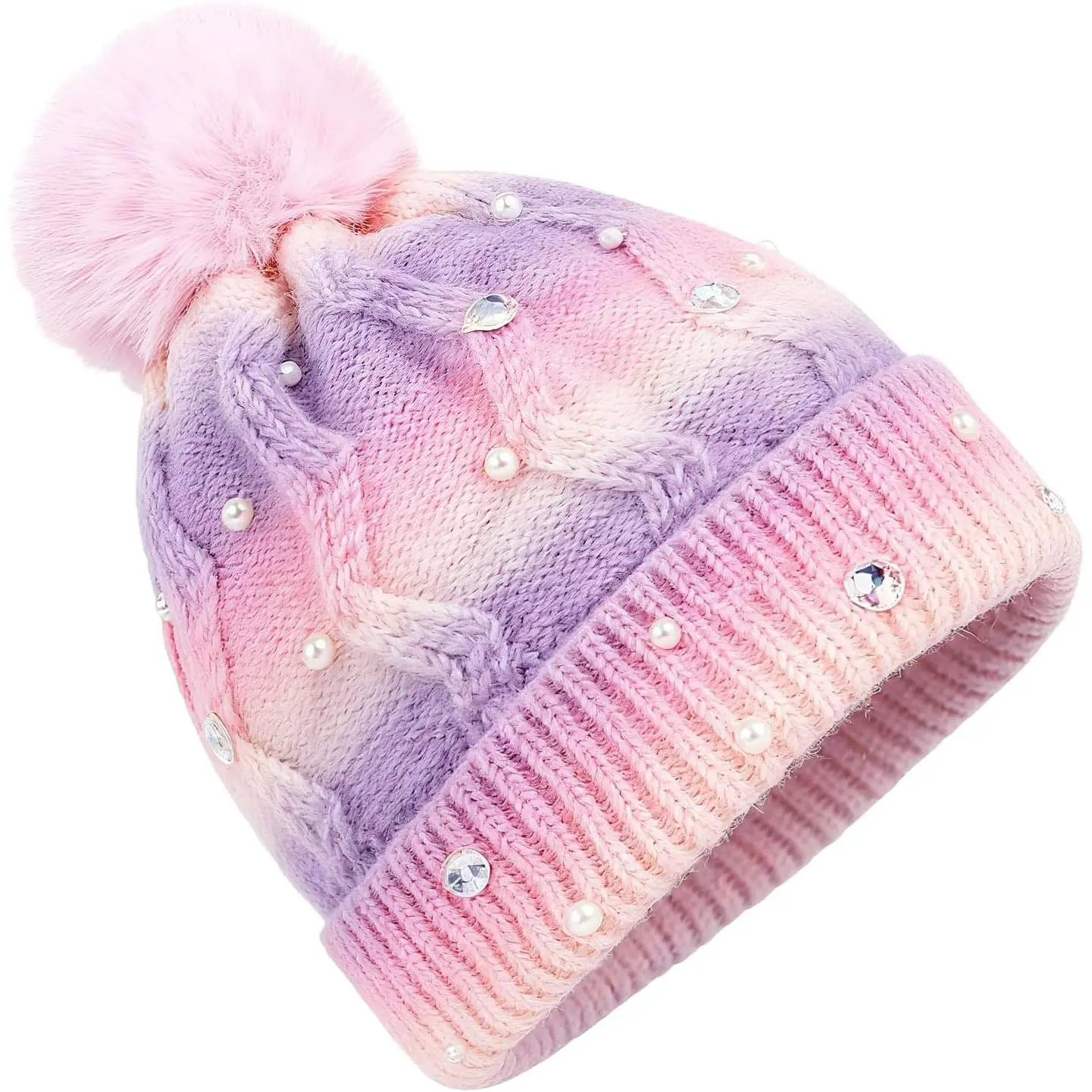 P-KCP02    Toddler Winter Hat,Cute Girls Warm Beanie with Pom Pom and Fleece Lined Winter Hats,Fashion Kids Knit Beanies Cap