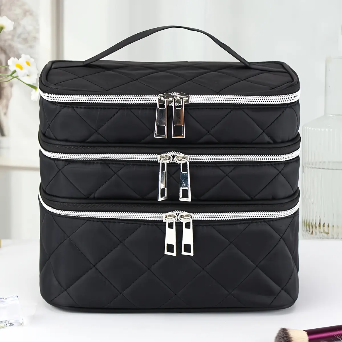 Chic Black Embroidered Plaid 3-Layer Nylon Fabric Makeup Bag - Light Luxury Embroidering Design, Large Capacity Portable Storage Bag for Home & Travel, Large Capacity Bag