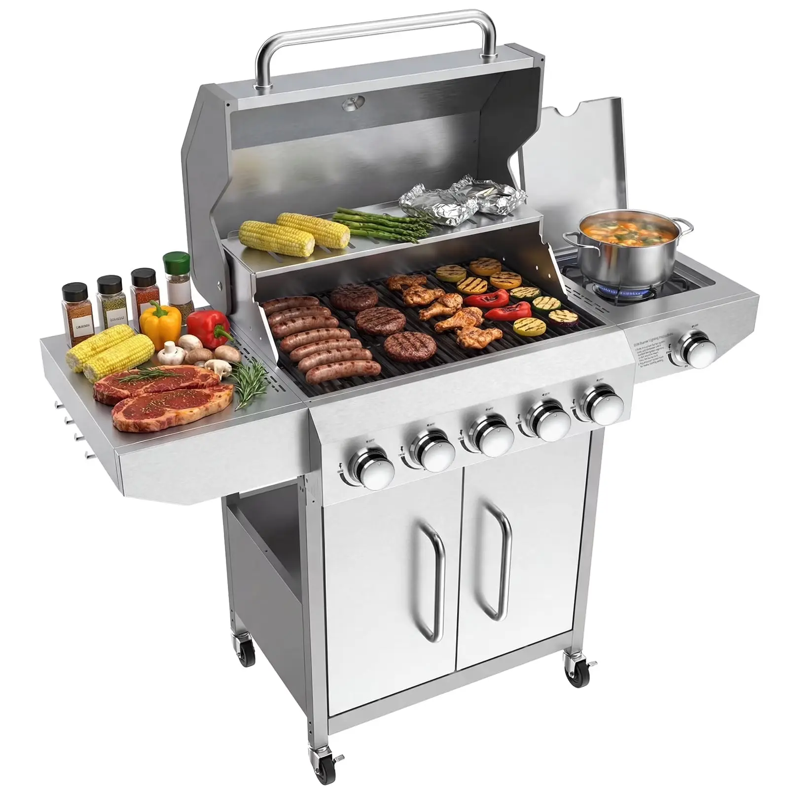 BESTFIRE Propane Gas Grill – 68K/60K BTU Choose 5 Main Burners + Side Burner or 4 Main Burners + Side Burner Stainless Steel & Porcelain Enamel Cast Iron Grates Patio Cart with Wheels for Backyard BBQ Portable Grilling & Modern Outdoor Kitchens barbecue
