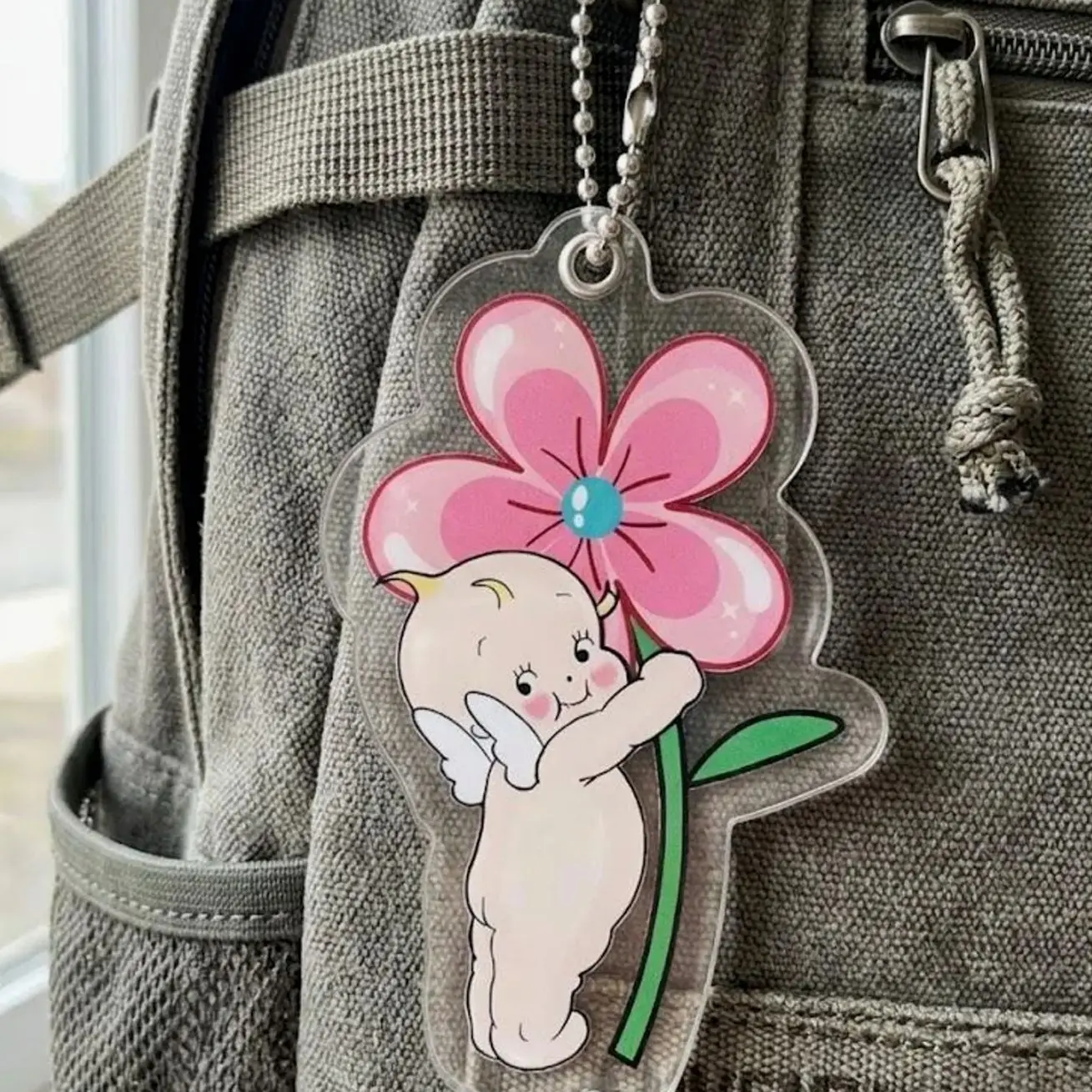 Kewpie Flower Acrylic Keychain, Pink Floral Bag Charm, Kawaii Angel Keyring