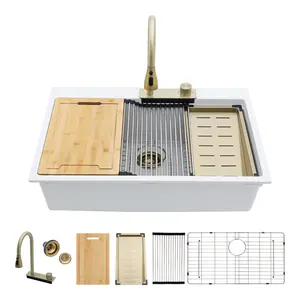 Logmey 33"x22"  Waterfall Quartz Kitchen Sink Single Bowl Granite Composite Sink Workstation Kitchen Sink with Pull-Out Faucet, Memorial day