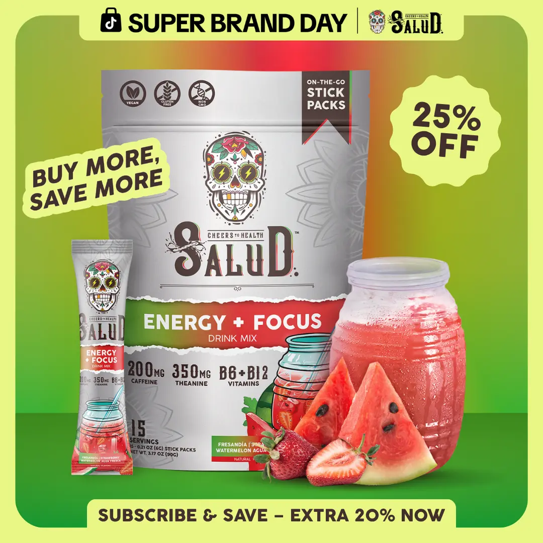 Salud 2-in-1 [Energy + Focus – Fresandía | Strawberry Watermelon] Clean Energy Drink Mix, Agua Fresca, Organic Caffeine, B6 & B12, L-Theanine, Drink Packets, Non-GMO, Gluten Free, Vegan, Low Calorie, 1g Sugar (15 Servings)