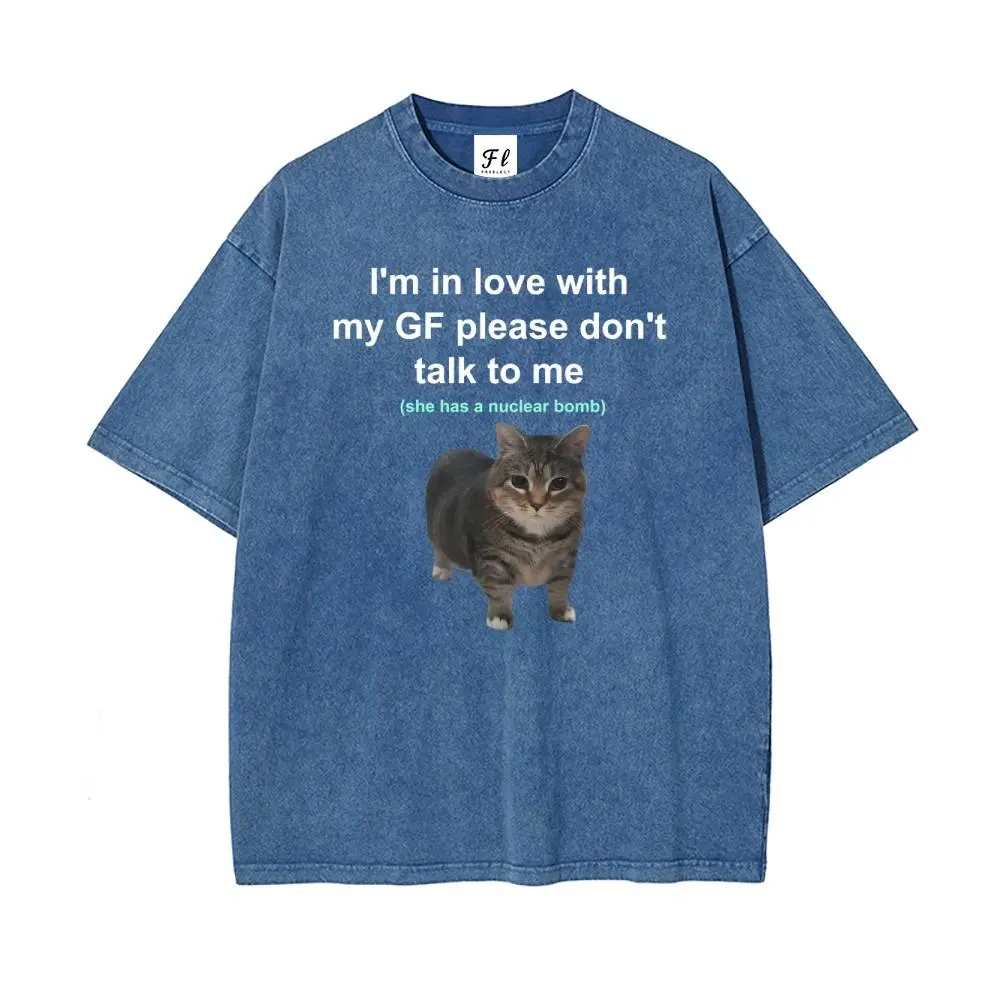 Men's Unisex Oversize Washed Batik Cotton Round Neck Short-Sleeve Funny T-Shirt - "I'm in Love with My GF" Cat Print, Super Soft Pre-Shrunk Fabric, Retro Casual Streetwear Mensfashion Top, Men's T Shirts Fashion