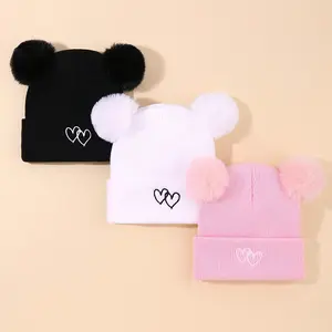 3-Pack Knit Beanie Hat with Double Heart Embroidery and Pom Poms - 100% Acrylic, Hand Washable, Stretch Fit, Breathable - Unisex Baby Daily & Casual Wear Fall/Winter, Christmas and Thanksgiving Occasions