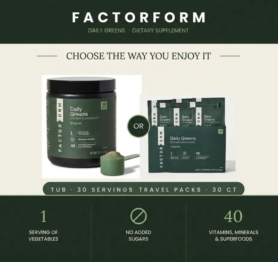 Factor Form Daily Greens Original Dietary Supplement - 2B CFU Probiotics for Gut Health, 40 Vitamins & Minerals, Superfoods for Optimal Absorption, Smooth & Nutrient-Dense