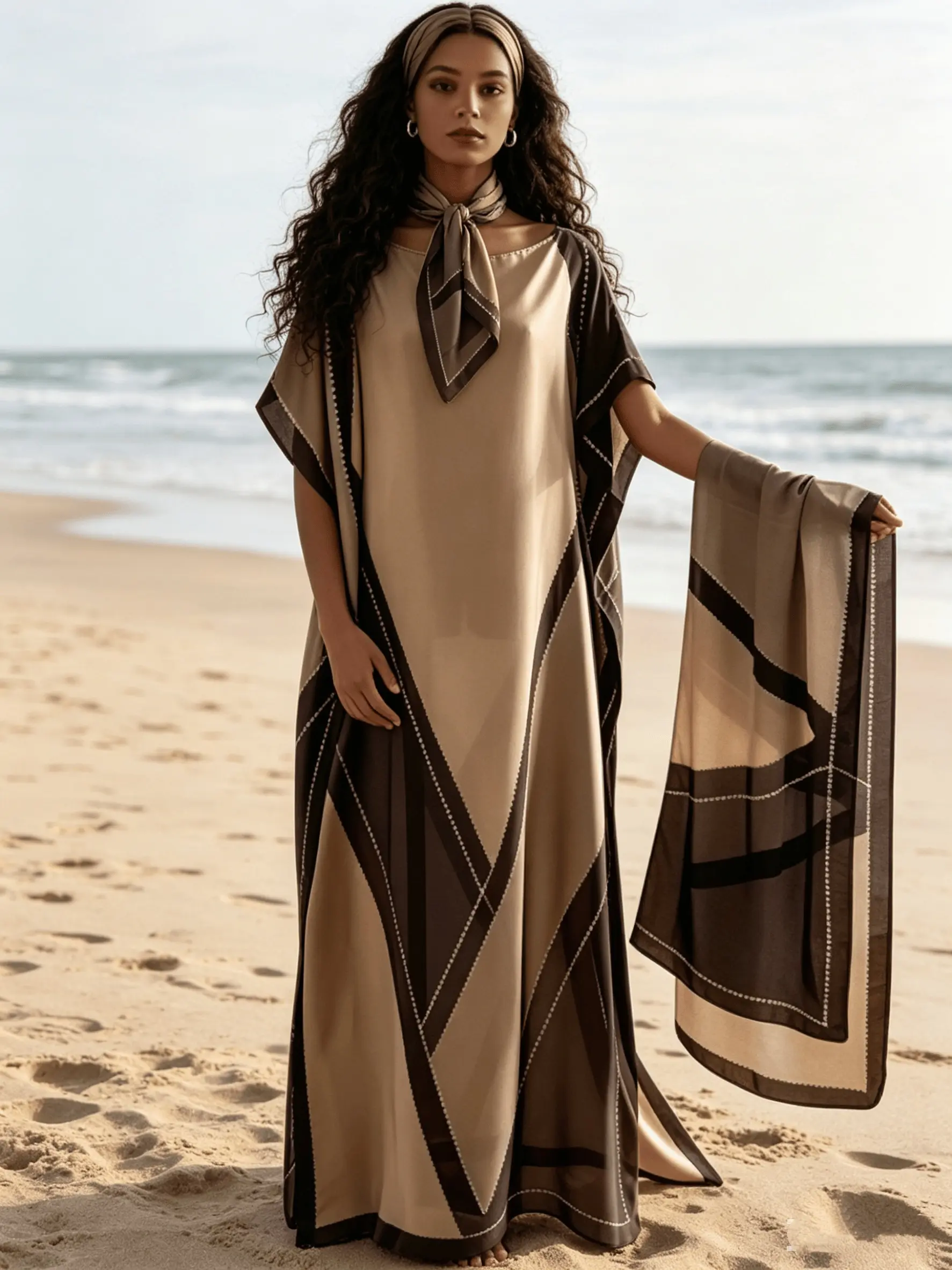 2026 New Women's 2 Piece Beige & Brown Geometric Print Kaftan Style Maxi Dress with Matching Scarf, Silky Loose Satin Robe, Plus Size Friendly, Beach Cover Up, Resort Vacation & Evening Party Wear