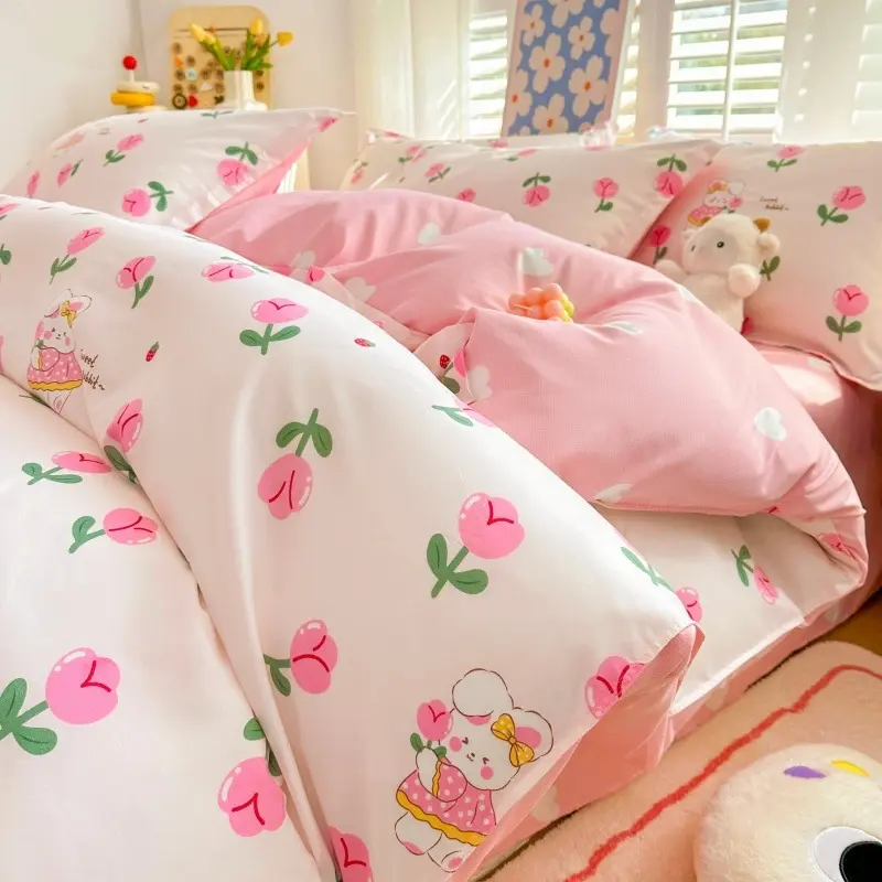 Pink Tulip Bunny Bedding Set, Cream Cute Rabbit & Tulip Duvet Cover Set, Pink Heart Reversible Bed Sheet Pillowcase Set for Girls Dorm Bedroom Decor