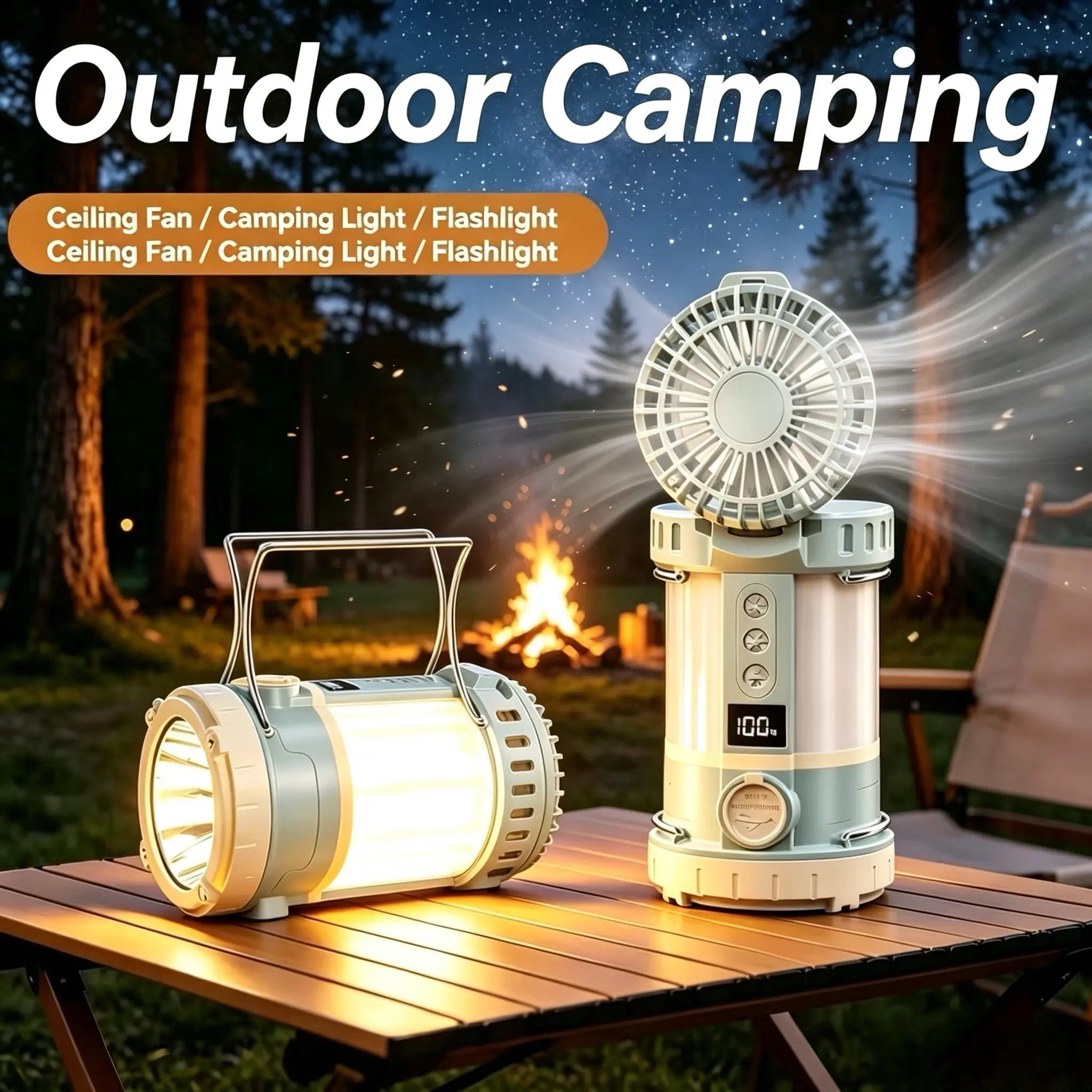 3-in-1 Solar Powered Camping Fan Lantern, Portable Hanging Gadget with Low-Noise Rotatable Fan, Bright Flashlight, 3-Color Ambient Light & Portable Hanging Handle for Tent, Home Emergency Outages, Road Trips, Quiet 120° Rotatable Fan