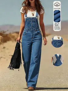 Women's Denim Overall Pants, Adjustable Straps, Pocketed Jumpsuit, Vintage Casual, Basic, Elegant Comfort, Street Style, Spring Summer All Seasons
