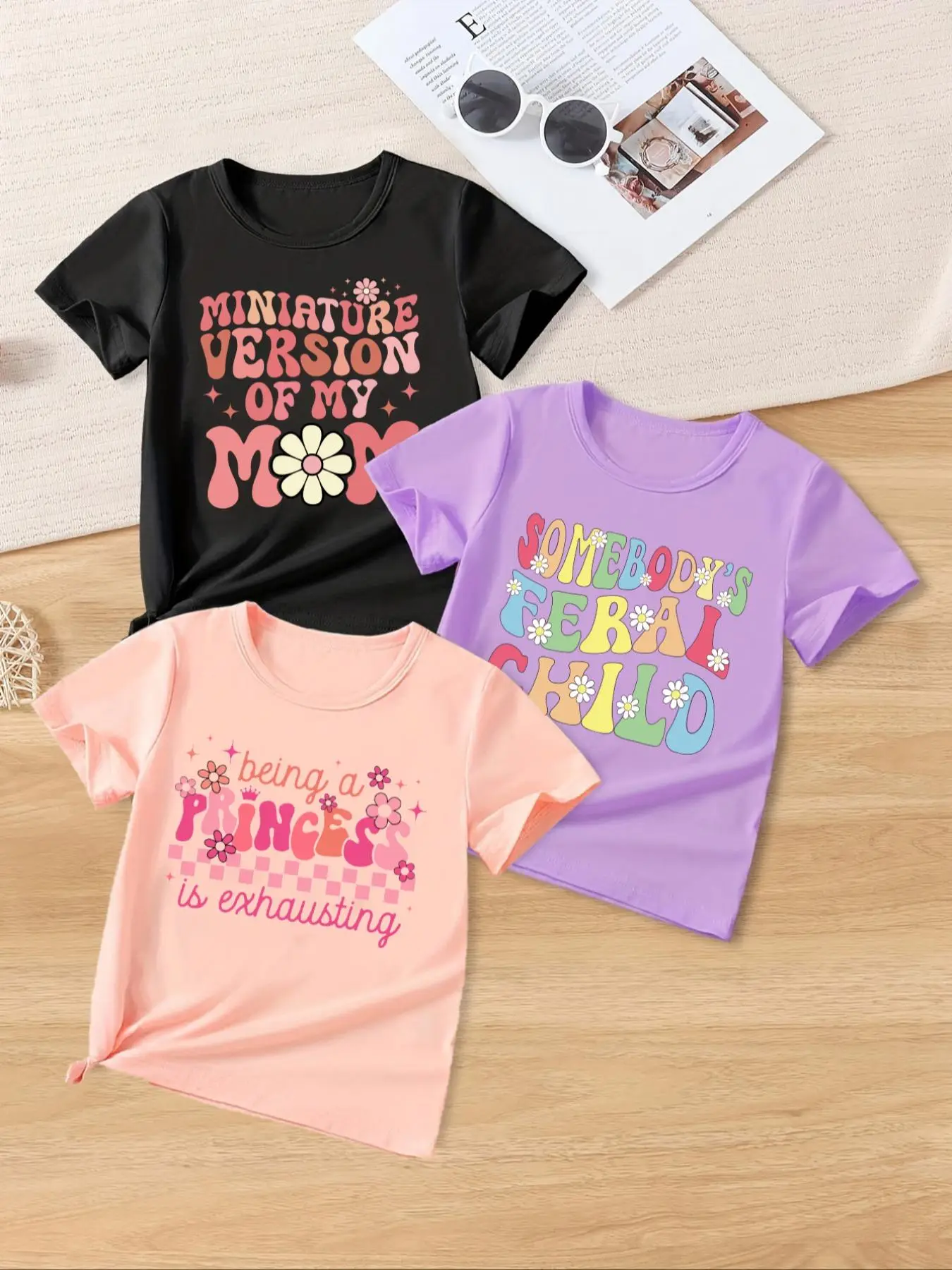 Toddler Girl's Floral & Letter Print Round Neck Tee, Casual Cute Short Sleeve T-shirt for Summer, Kids Clothes for Daily Wear