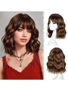 Women's Short Wavy Curl Wig, Synthetic Heat-Resistant Fiber, Deep Glitter Color, Shoulder-Length, Perfect for Daily Wear and Parties