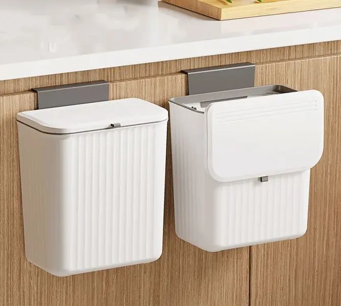 2.4Gal Plastic Kitchen Compost Bin with Lid - Wall Mount, Under Sink Organization, Counter Space Freed Small Waste Basket for Bathroom (White)