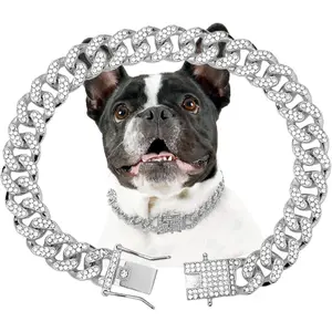 Dog Chain Collar Silver Dog Necklace Diamond Cuban Link Dog Collar 13mm Wide Metal Pet Cat Dog Chain Crystal Collar Jewelry Accessories for Large Medium Small Dogs Cats(Silver,10 Inch)