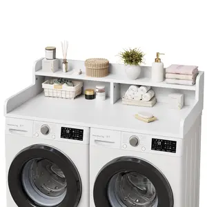 54 Inch Washer Dryer Countertop with 2-Tier Shelf and 2 Drawers, Wooden Laundry Topper with Non-Slip Pad & Guard Rails for Laundry Room Storage Organization