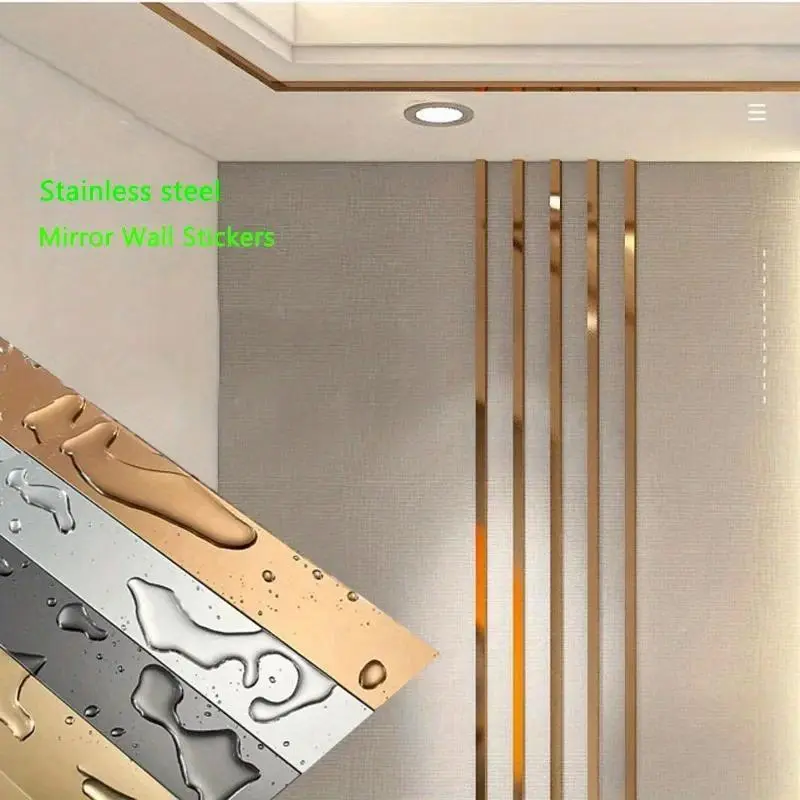 1 Roll Gold Wall Sticker Stainless Steel Flat Decorative Lines Titanium Wall Ceiling Edge Strip Mirror wall decor stickers Decoration Sticker