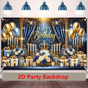 2D Flat Banner Royal Blue Golden Happy Birthday Polyester Star Light Show Gift Box Balloon for Indoor Outdoor Events White