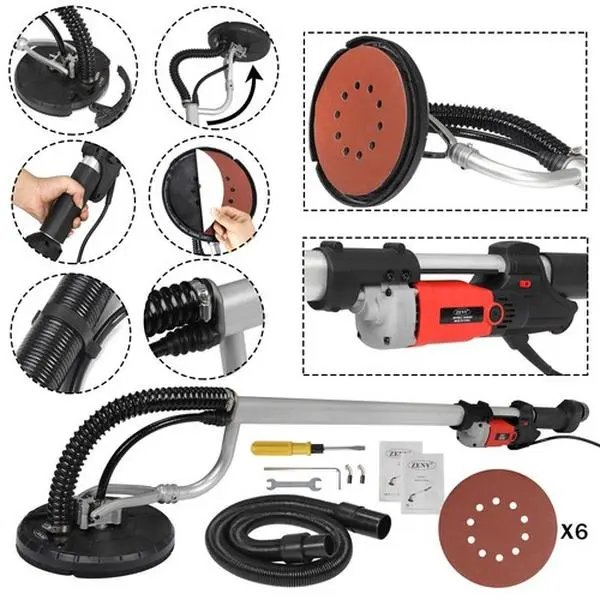 Zeny 1x 800W 110V 60Hz Commercial Electric Drywall Sander (Power Tools), 1000-2200 r/min Adjustable Speed Grip Handle Sanding Pad, 10.89lbs Weight with Cleaning Brush
