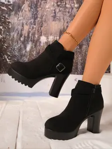 New Women's Ankle Boots, Anti-Slip Sole Chunky Heel Thick Heeled Boots, Casual Short Boots, One-Step Slip-On, PU Leather, Fall & Winter, Boot Heels