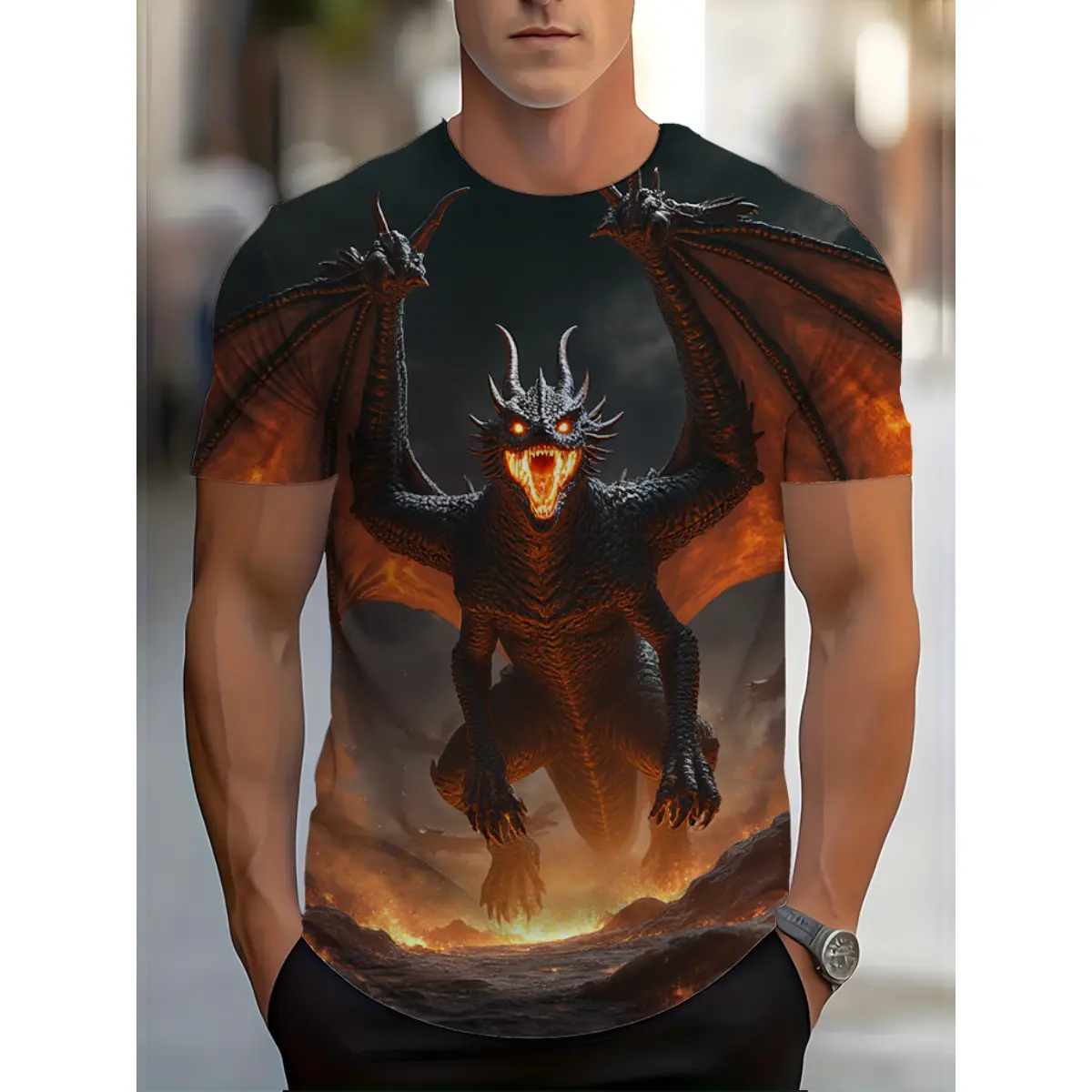 Men's Polyester Shortsleeve Round Neck Stylish Menswear T-Shirt - 3D Colossal Armored Dragon, Fiery Fissures, Stormy Sky Print Casual Clothes for Daily Wear, Themed Events