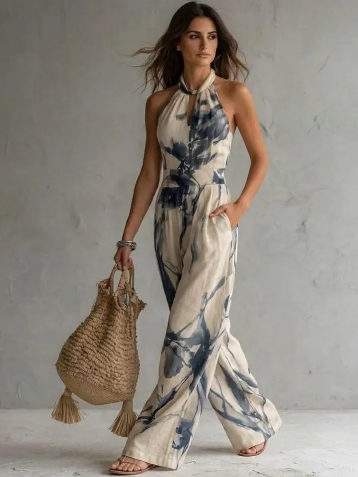 Women's Boho Halter Neck Sleeveless Cut-Out High-Waist Ankle-Length Wide-Leg Jumpsuit - Abstract Ink Print, Button Front, Pockets, Navy Blue Polyester Overalls - Chic Resort & Daily Wear