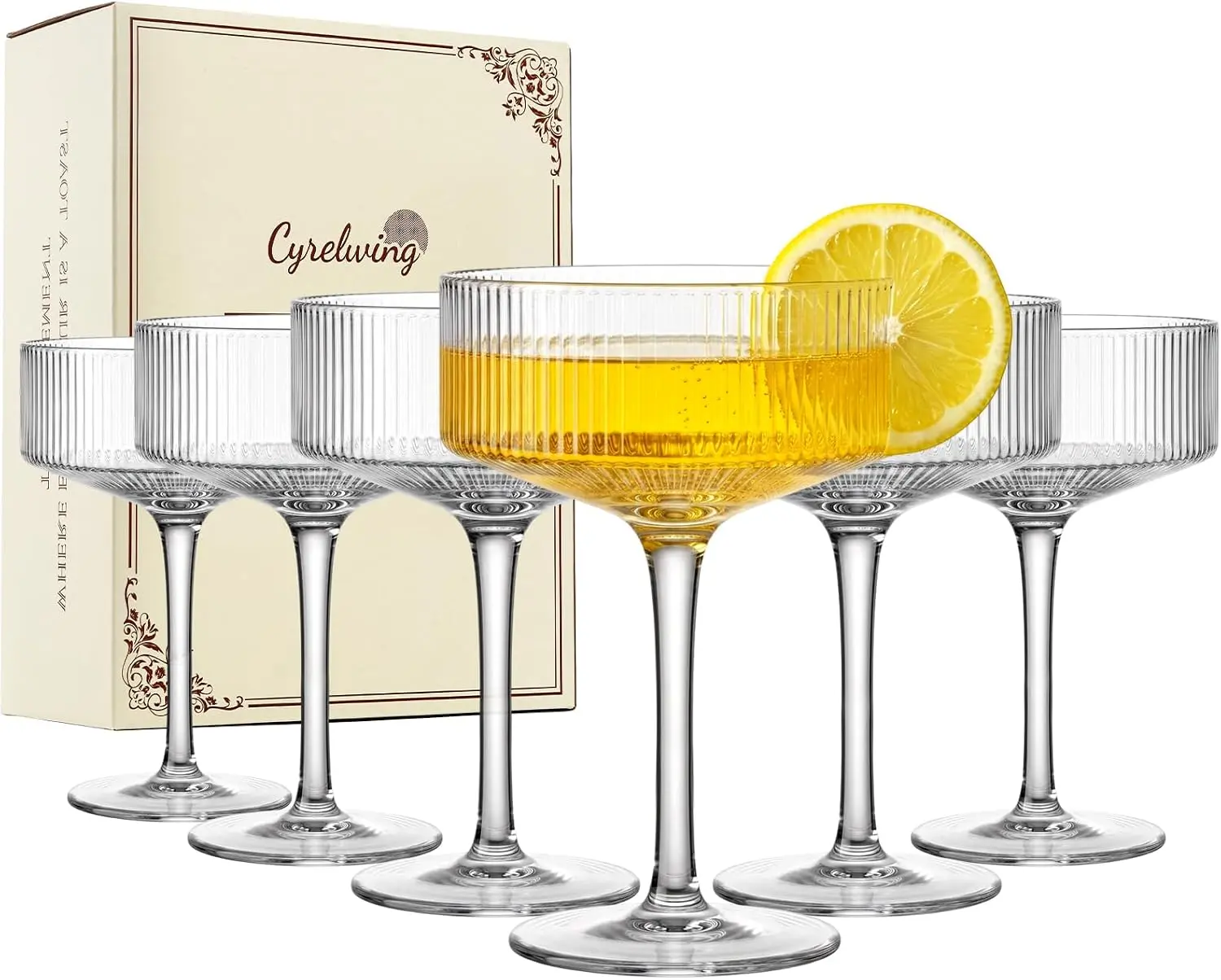 6 Pack Ribbed Coupe Espresso Martini Glasses, Vintage Textured Cocktail Glassware, Home Bar Decor, Brunch Party, Summer Happy Hour, Dinner Table, Bar Cart Accessory for Margarita, Champagne, Iced Coffee Craft Drinks