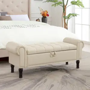 YOUDENOVA Storage Ottoman Bench for Bedroom 51" Queen Leather Storage Bench with Button, Upholstered Bedroom Bench with Rolled Arms for Living Room, Storage Room, Entryway Modern Furniture