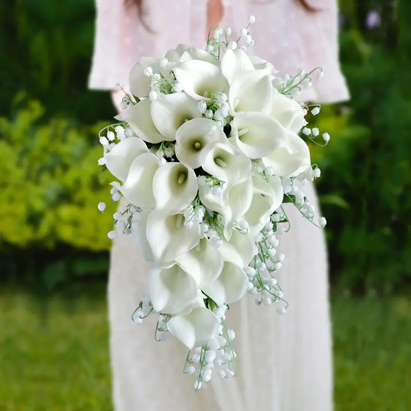 White Burgundy Calla Lily Rose Bridal Bouquet, Artificial Wedding Flowers, Water Drop Shape Arrangement, Anniversary Decor