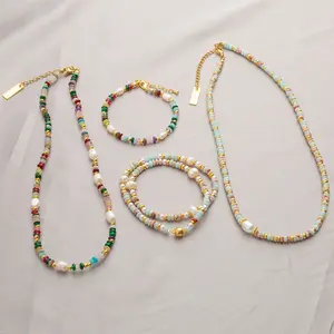 Women's Dopamine Colorful Beaded Jewelry Set - Pearl Beads, Natural Stone, Glass Necklace & Bracelet, Versatile Elegant Gift Set (7g)