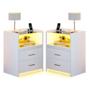 Sikaic 2 Pack LED Nightstand with 2 Storage Drawers White