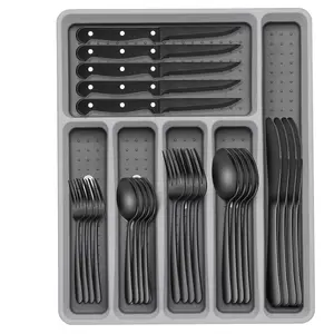 49-Piece Black Silverware Set with Organizer, Heavy Duty Stainless Steel Black Flatware for 8, Cutlery Utensil Sets with Steak Knives, Rust-proof, Mirror Polished, Dishwasher Safe Tableware knife spoon set