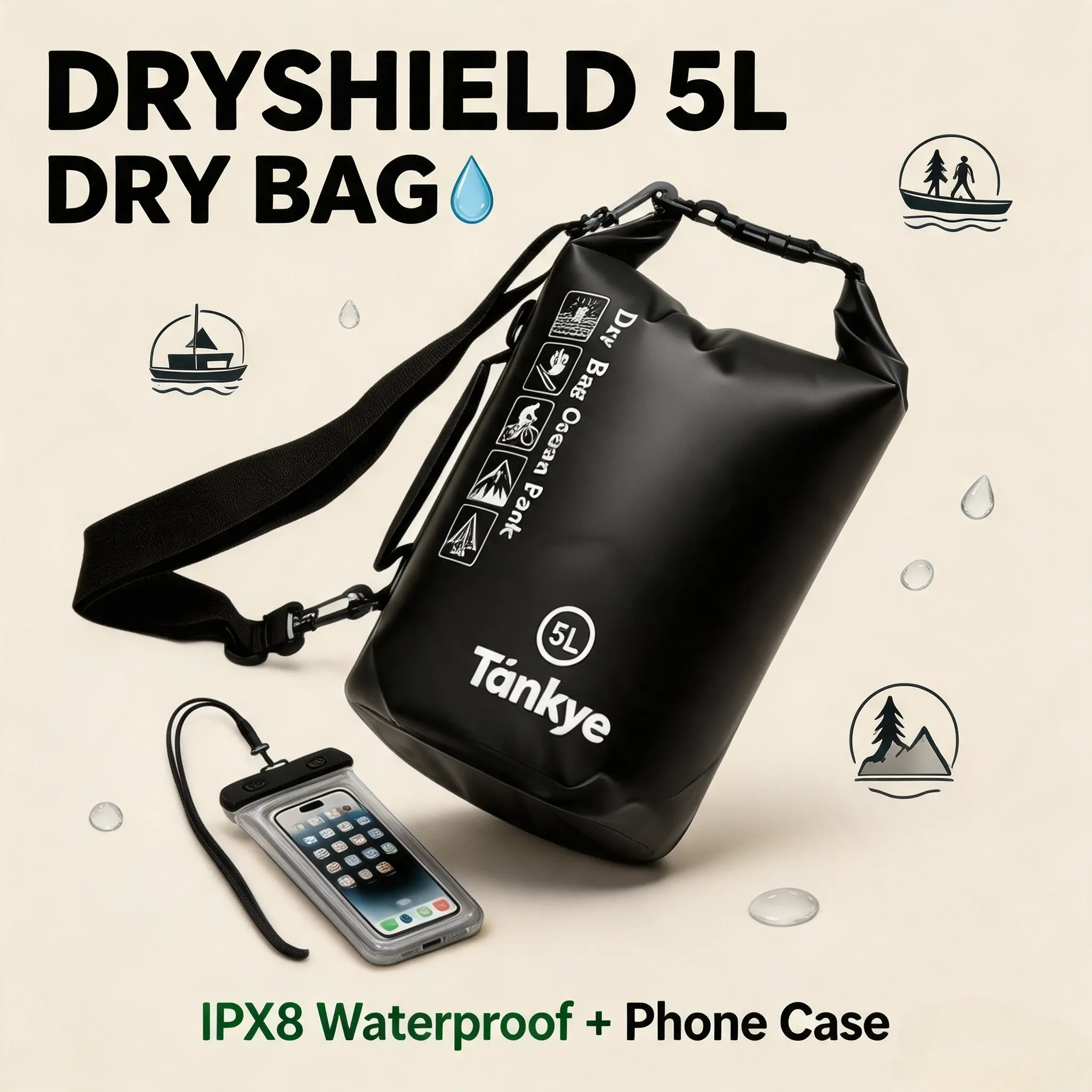 TANKYE 5L IPX8 Submersible Dry Bag - Roll-Top Anti-Leak, Lightweight Ocean Pack with Adjustable Straps, Bonus Phone Case for Water Sports, Camping, Surfing