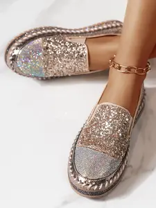 New Colorful Sequins Rhinestone Loafers, Thick Sole Rubber Height Increasing Slip-On Women's Shoes, Luxurious Versatile Platform Single Shoe, Footwear