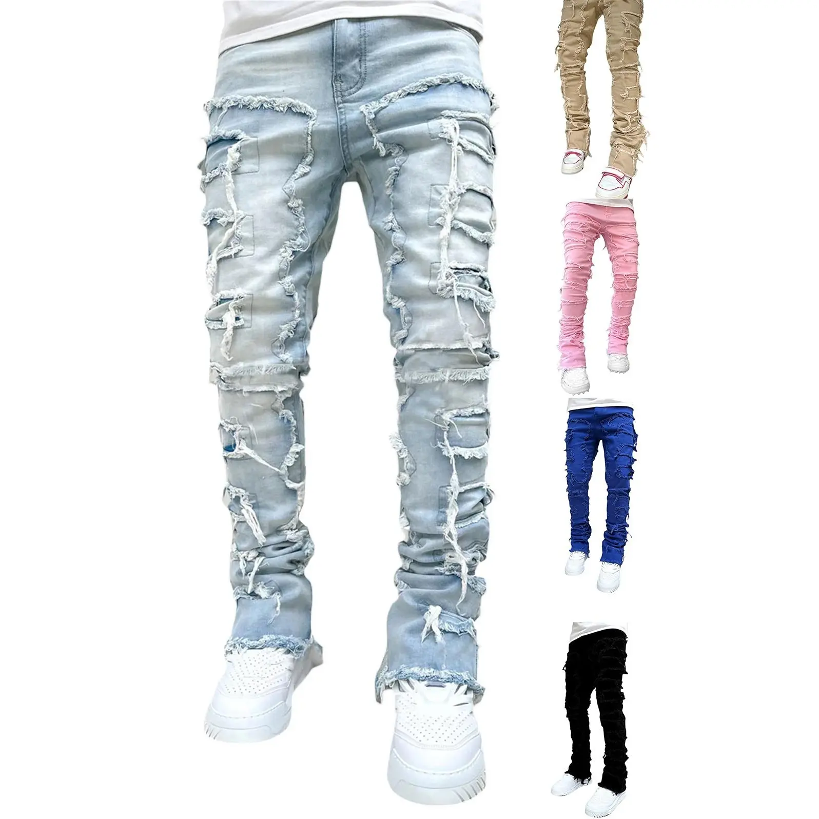 American street distressed jeans for men — slim fit, stretchy, slight flare, washed worn look, available in multiple colors, floor-length denim pants