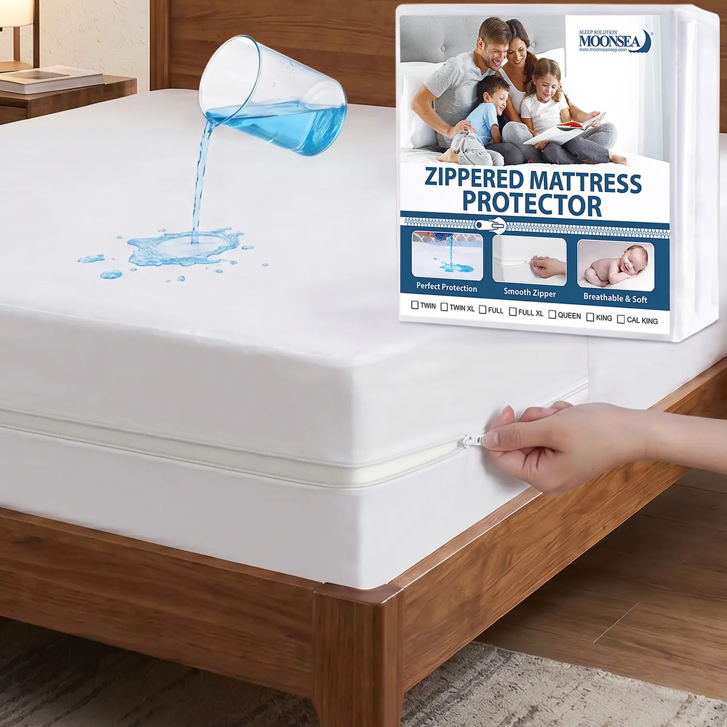 Moonsea 6-Side Waterproof Zippered Mattress Encasement, Bed Bug & Dust Mite Proof Hypoallergenic Soft Breathable Premium Mattress Cover Protector Fitted Sheet Fits 8 to 10 Inch Deep Pocket, Machine Washable #SummerVibes #summeressentials