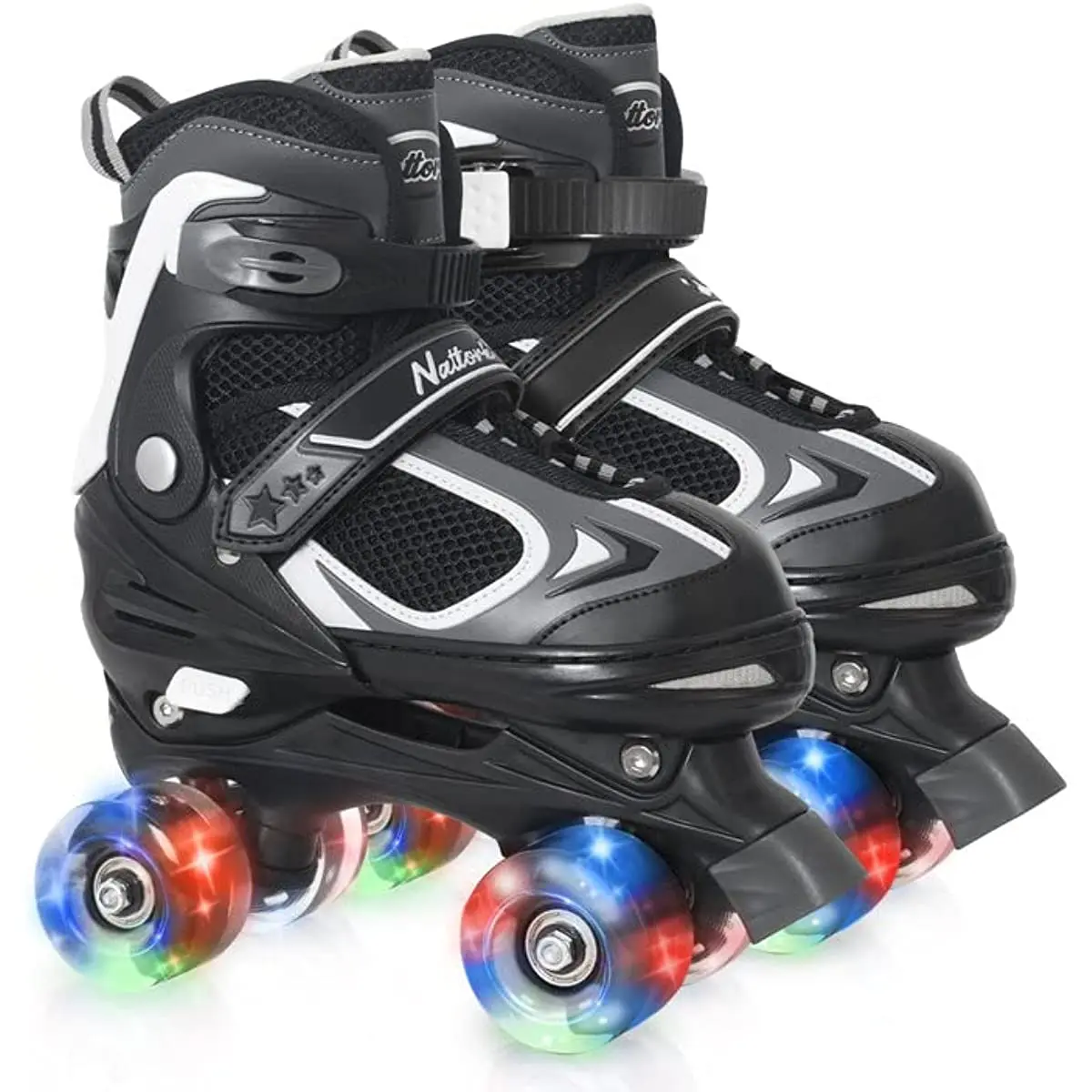 Nattork Kids Outdoor Roller Skates - Adjustable 4-Size High-Top Sports Footwear with Breathable Mesh, Ankle Protection, Dual-Buckle Closure, 8 Light-Up Elasticity Wheels for Beginners, Outdoors, Light-Up Wheels, Abec-7 Bearings