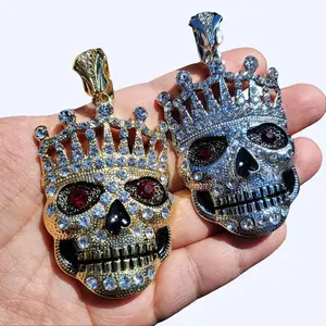 MaxBling81 14K Gold-Silver Plated Cubic Zirconia Hip Hop Charm, Large Crowd King Skull Rapper Pendant for Birthday, Daily Wear