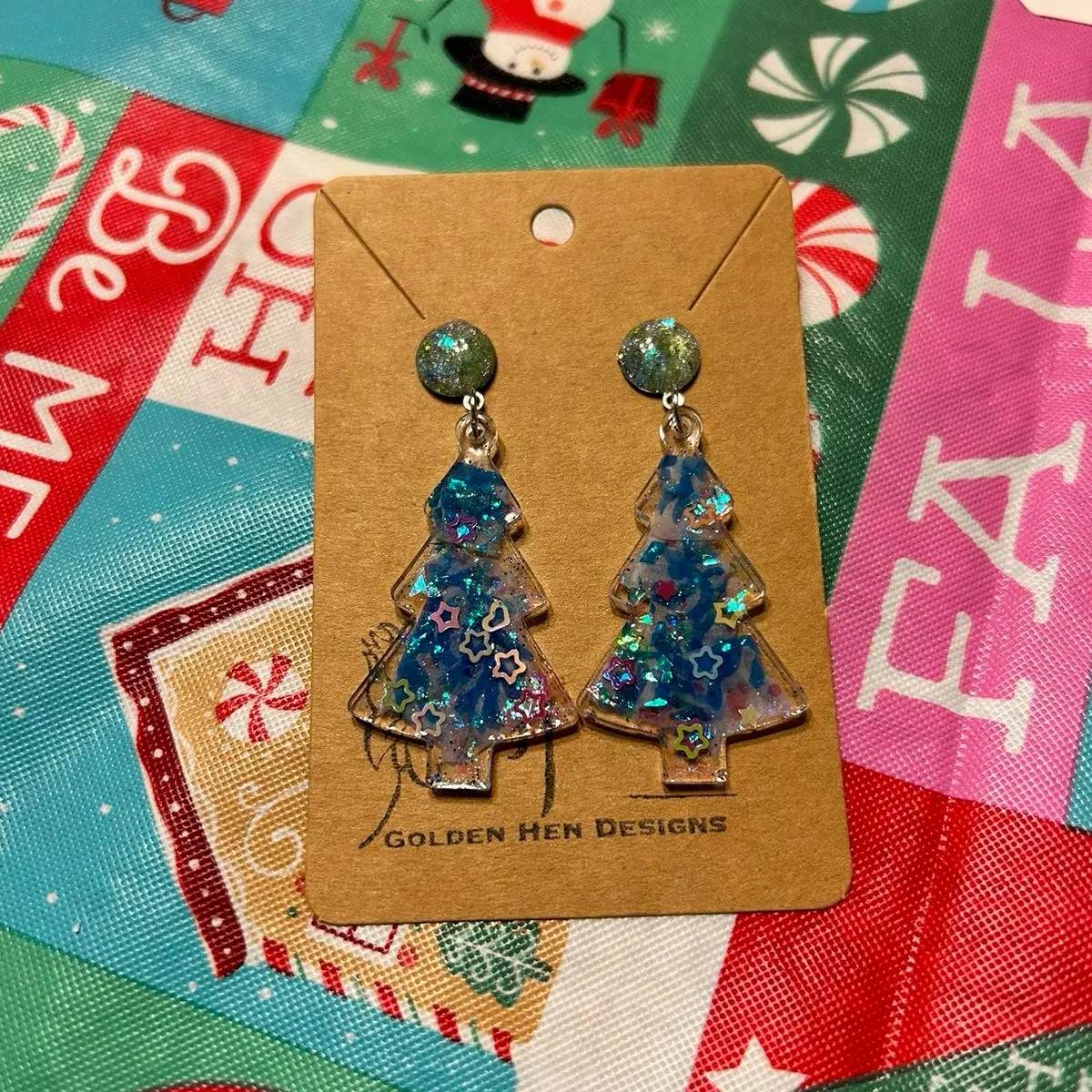 Blue resin sparkling Christmas tree earring