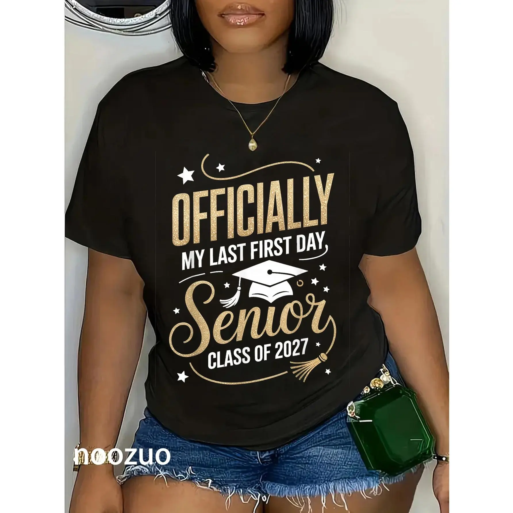 Women's Class of 2027 Graduation Theme Tshirt - 100% Cotton Crew Neck Short Sleeve Top with Playful Humor "My Last First Day" Slogan, Distressed Vintage Streetwear for Everyday Wear