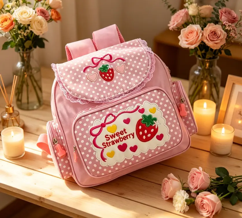 Cute Strawberry Embroidered Backpack Kawaii Strawberry Embroidery Backpack for Girls Teens Students School Bag Satchel Cute Pink Lace JK Backpack
