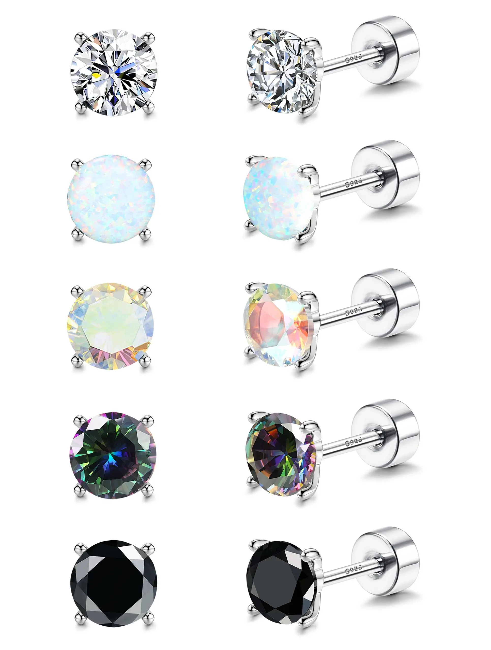 MILACOLATO 5 Pairs 925 Sterling Silver Stud Earrings for Women 20G Flat Back Earrings Helix Cartilage Earrings Cubic Zirconia Opal Earrings Comfort Back Post Earrings Hypoallergenic, Earrings Set, Stud Earring Jewelry