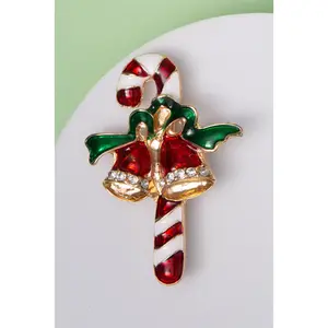 Jazmine Enamel Candy Cane and Christmas Bells Brooch Pin