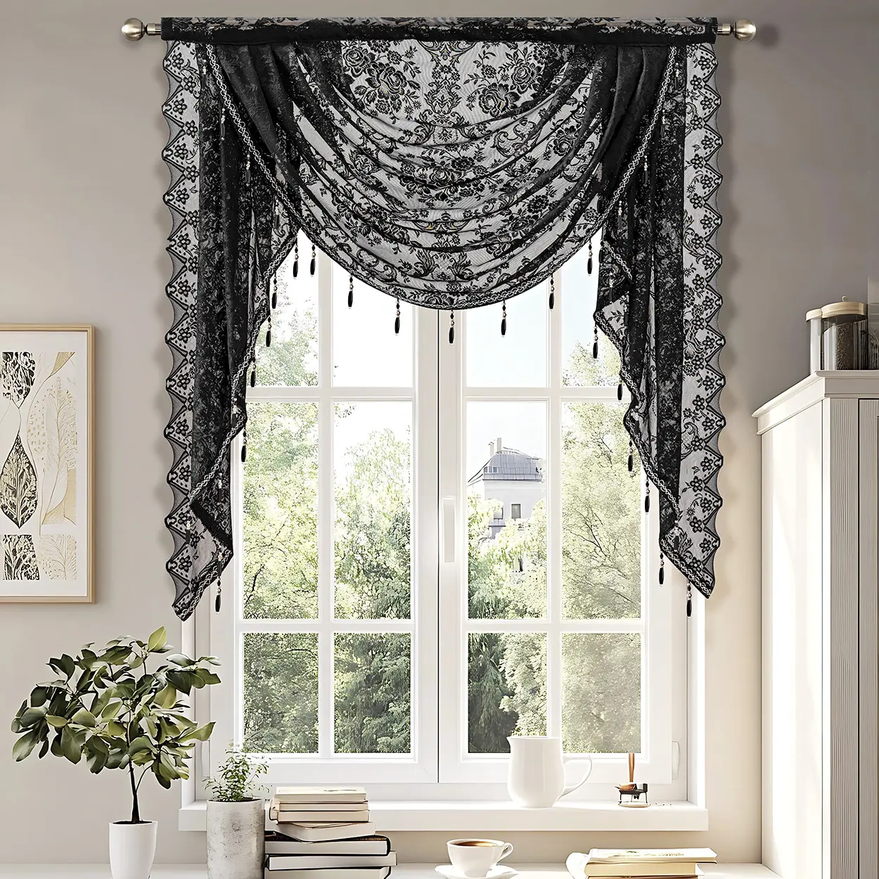 1-Piece Black Sheer Lace Waterfall Valance - Embroidered Home Decorative Window Hanging, 1.05m Flat Weave, Soft, Beaded Tassels, Floral Embroidery, Semi-Transparent Rod Pocket, Geometric Accents, Healthy, Suitable for Bedrooms, Bathrooms, Kitchens, Embroi