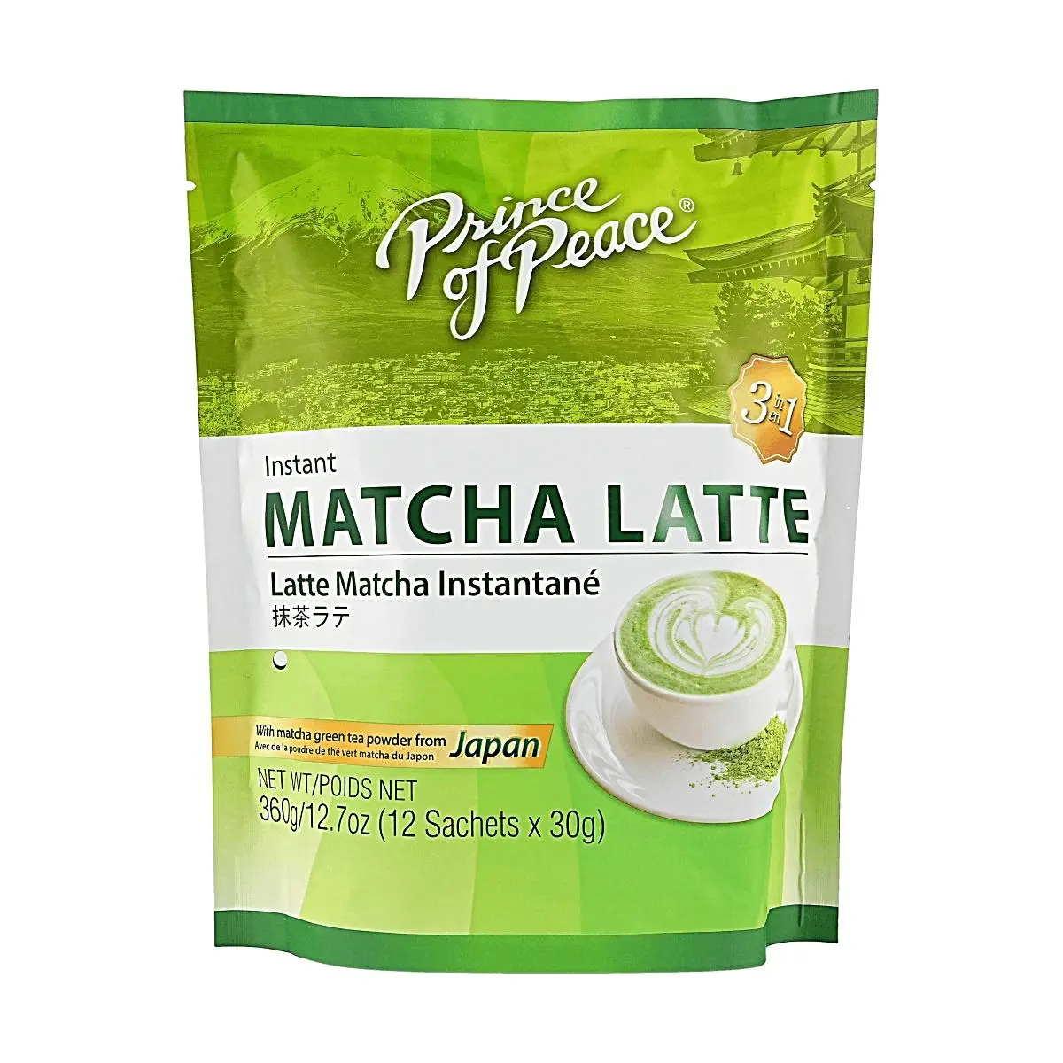 Prince of Peace 3-in-1 Instant Matcha Latte Mix - 12 Sachets (360g) - Authentic Japanese Matcha Powder - Hot & Cold Brewable - Rich & Creamy Coffee Alternative