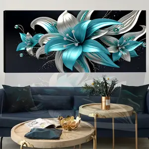 1 Piece Canvas Poster Modern Art Abstract Cyan and Silver Lily Crystal Decorative Picture, Ideal Gift for Bedroom Living Room Hallway, Wall Art, Wall Decor, Room Decoration, with Wooden Frame Artistic